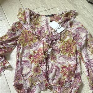 Zara Pink and Purple Ruffled Blouse